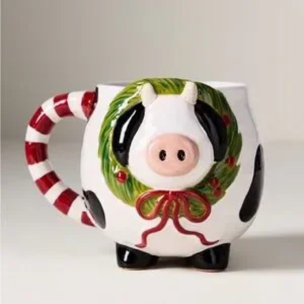 Set of Two Brand New Anthropologie Festive Holiday Cow Stoneware Mug, 10oz, NWT - Picture 2 of 4
